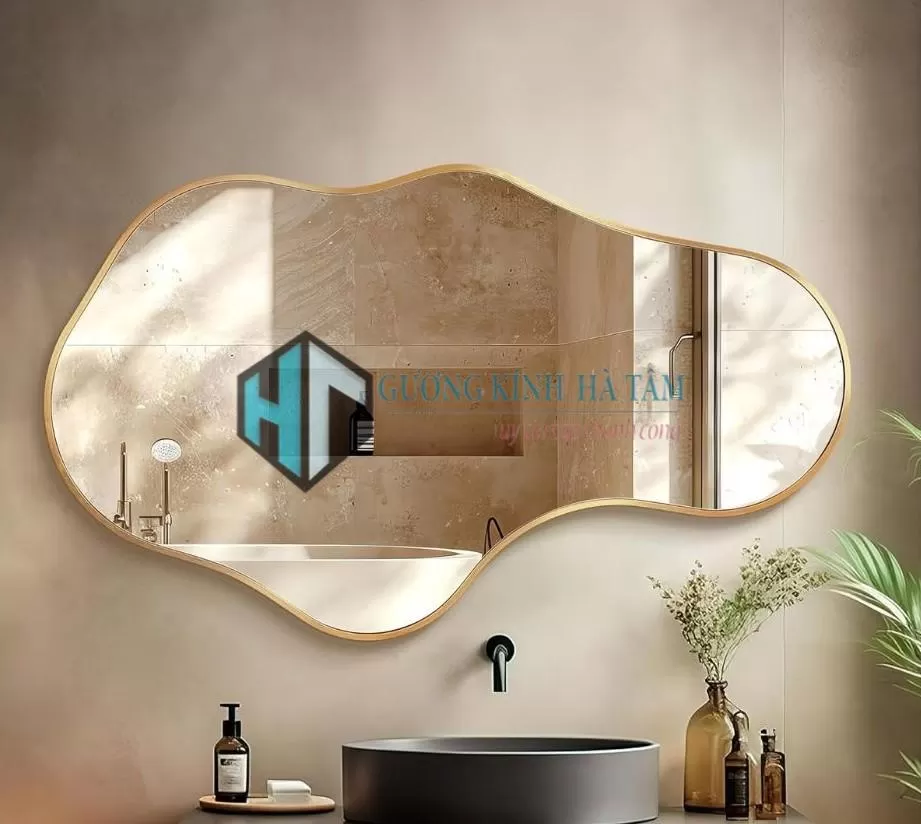 Gương phòng tắm, gương lavabo nghệ thuật khung mạ màu champagne 